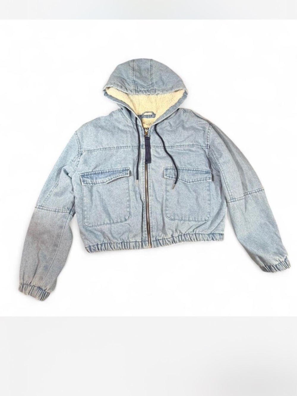 Cropped Denim Sherpa Lined Jacket XL Hooded Y2K Grunge Cozy Blue Jean Jacket - Picture 2 of 5
